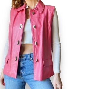 Barbie Pink genuine Leather vest ribbed knit turn-lock silver bubblegum pocket